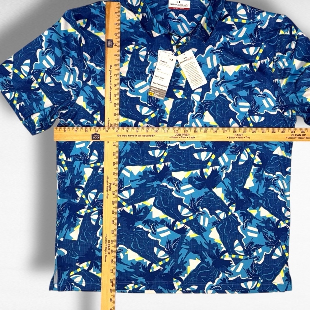 Grand Slam Performance Polo Shirt XL Blue Tropical Print Stretch Golf NWT - Picture 10 of 10